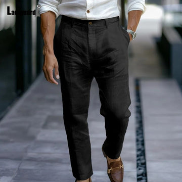 2025 Men's Stand Pocket LInen Beach Pants Solid White Trouser Plus Size Mens Casual Straight Pants Male Ankle-Length Bottoms New